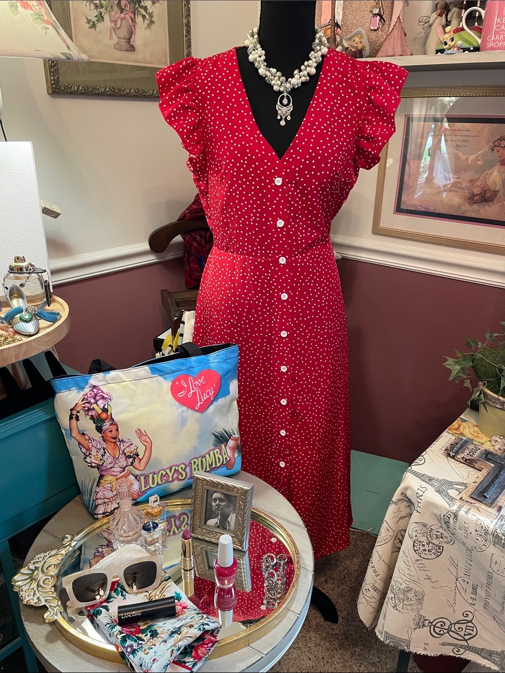 Red Polka Dot Midi Dress with Button Front Look like Lucy